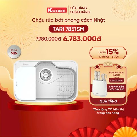 Chậu rửa bát Konox Tari 7851SM + Vòi dây rút tặng bộ dao 7 món