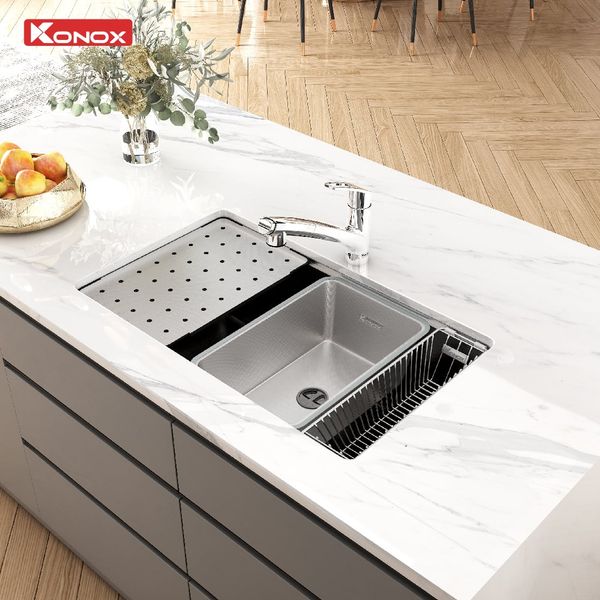 Chậu rửa bát chống xước Konox Dekor 8044SU tặng Vòi rửa Reno Smart