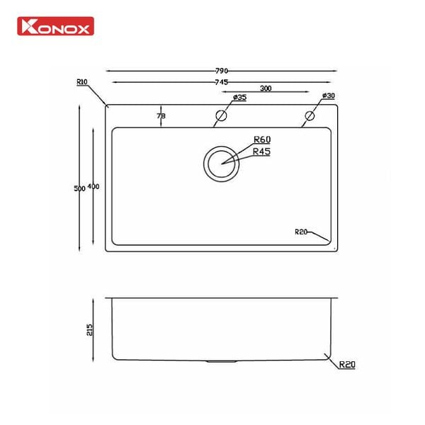 Chậu rửa bát âm tủ Konox STELO 790 Tặng vòi dây rút Alto Chrome