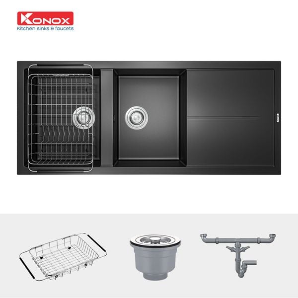 Chậu rửa bát đá Konox Livello Smart Black + Vòi rửa Konox cao cấp tặng Bộ dao 5 món Impecca