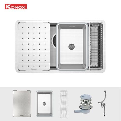 Chậu rửa bát chống xước Konox Dekor 8044SU + Vòi rửa dây rút tặng bộ dao 7 món