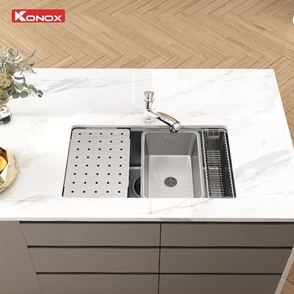 Chậu rửa bát chống xước Konox Dekor 8044SU tặng Vòi rửa Reno Smart