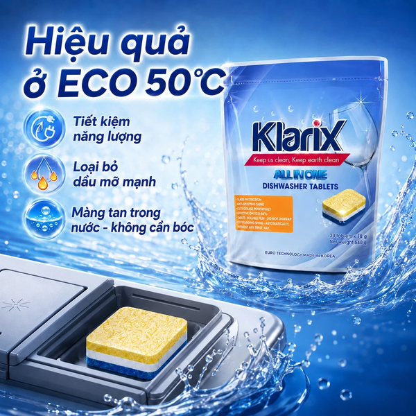 Viên Rửa Bát Klarix Túi 30 Viên Không Hương, Màng Bọc Tự Tan