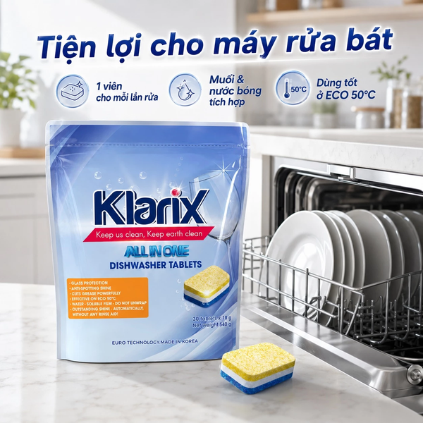 Viên Rửa Bát Klarix Túi 30 Viên Không Hương, Màng Bọc Tự Tan