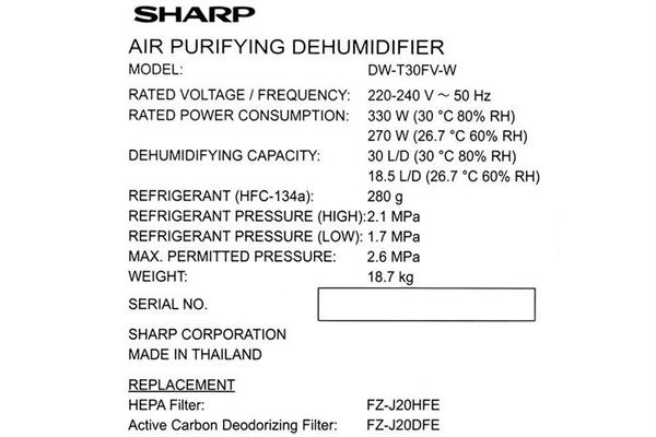 Máy hút ẩm kèm lọc không khí  30L Sharp DW-T30FV-W