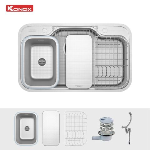 Chậu rửa bát chống xước Konox Dekor 8048SU + Vòi rửa dây rút tặng bộ dao 7 món
