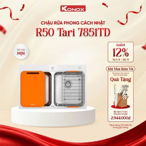 Chậu rửa bát Konox R50 Tari 7851TD + Vòi rửa dây rút Tặng bộ dao nhà bếp 7 món cao cấp Gouter