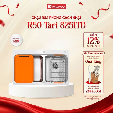 Chậu rửa bát 2 hố Konox R50 Tari 8251TD + Vòi rửa dây rút Tặng bộ dao nhà bếp 7 món cao cấp Gouter
