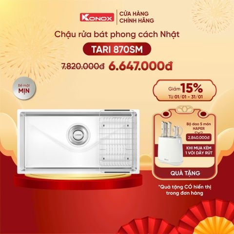 Chậu rửa bát Konox Tari 870SM + Vòi dây rút tặng bộ dao 7 món