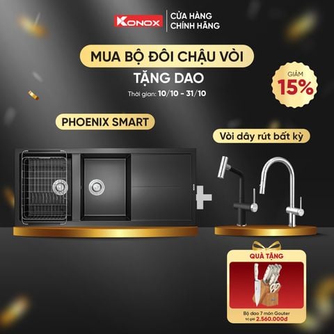 Chậu dương Konox Phoenix 1160 Black + VÒI BẤT KỲ TẶNG BỘ DAO 7 MÓN