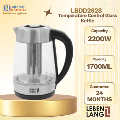 LBDD2628 - Ấm Siêu Tốc, Ấm Đun Nước Thủy Tinh Điều Chỉnh Nhiệt Độ Lebenlang Dung Tích 1700ml