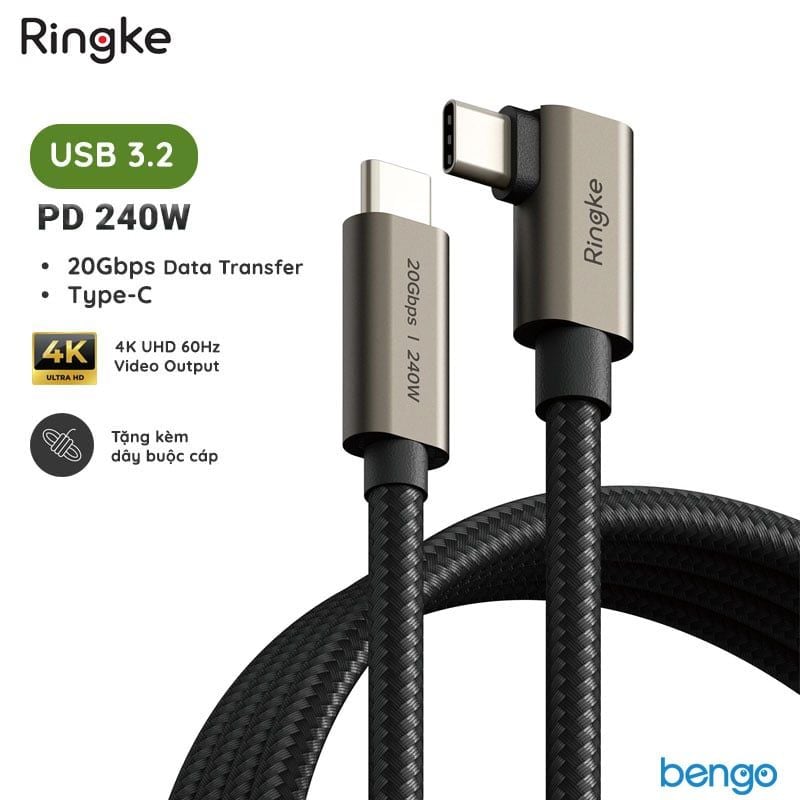  Cáp sạc nhanh 240W RINGKE 90 Degree USB-3.2 Gen 2X2 USB-C Cable 