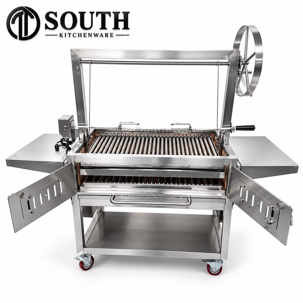 Bếp nướng than inox công nghiệp South Kitchenware dạng xe đẩy, chụp nền trắng.
