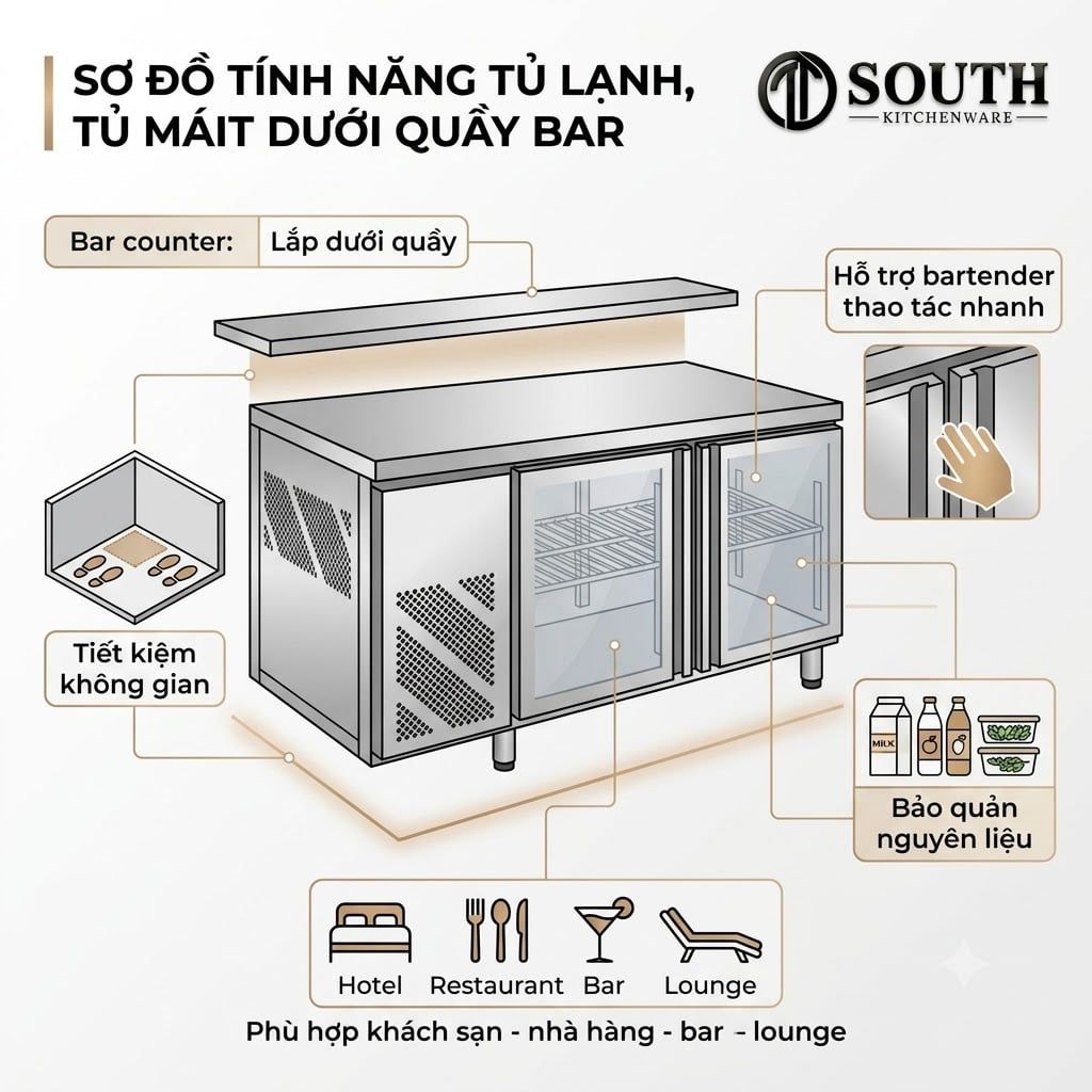 Tủ lạnh, tủ mát dưới quầy bar cho khách sạn, nhà hàng, bar và lounge 