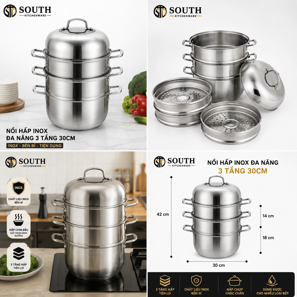  Nồi hấp inox đa năng 3 tầng 30cm 