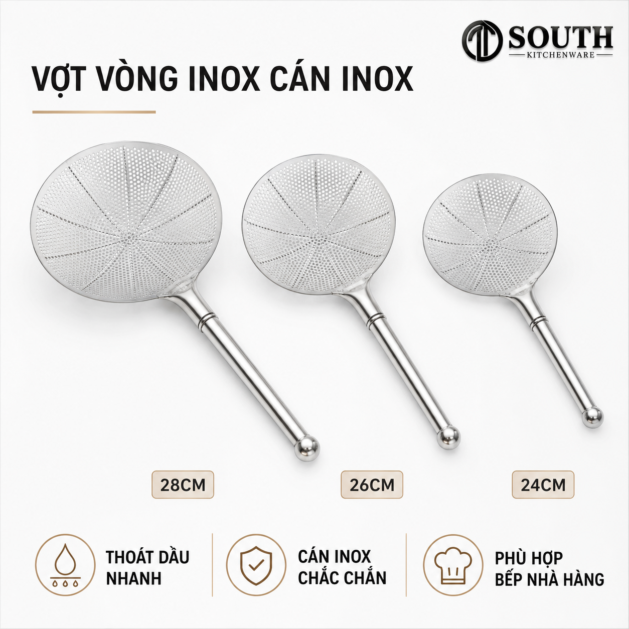  Vợt vòng inox cán inox 24–28cm 