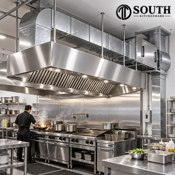 Hệ thống hút khói bếp nhà hàng South Kitchenware lắp đặt thực tế với chụp hút inox, đường ống và quạt hút công nghiệp