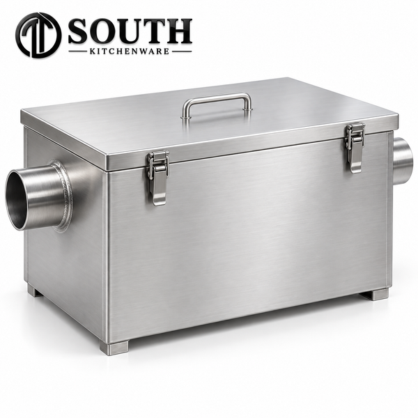 Bẫy mỡ inox công nghiệp South Kitchenware dạng hộp kín, thiết kế nắp khóa và đầu nối đường ống cho khu bếp nhà hàng