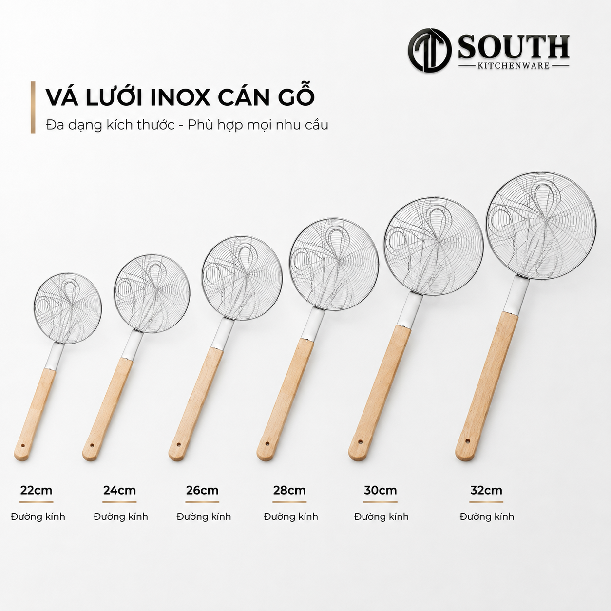  Vợt lưới inox cán gỗ 4 mắt 22–32cm 