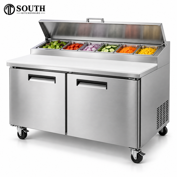 Bàn salad inox công nghiệp South Kitchenware trưng bày nguyên liệu tươi