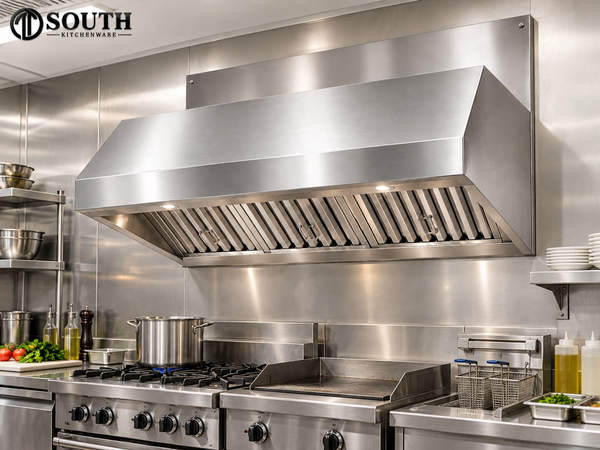 Chụp studio máy hút mùi công nghiệp inox South Kitchenware cho bếp nhà hàng, thiết kế inox 304
