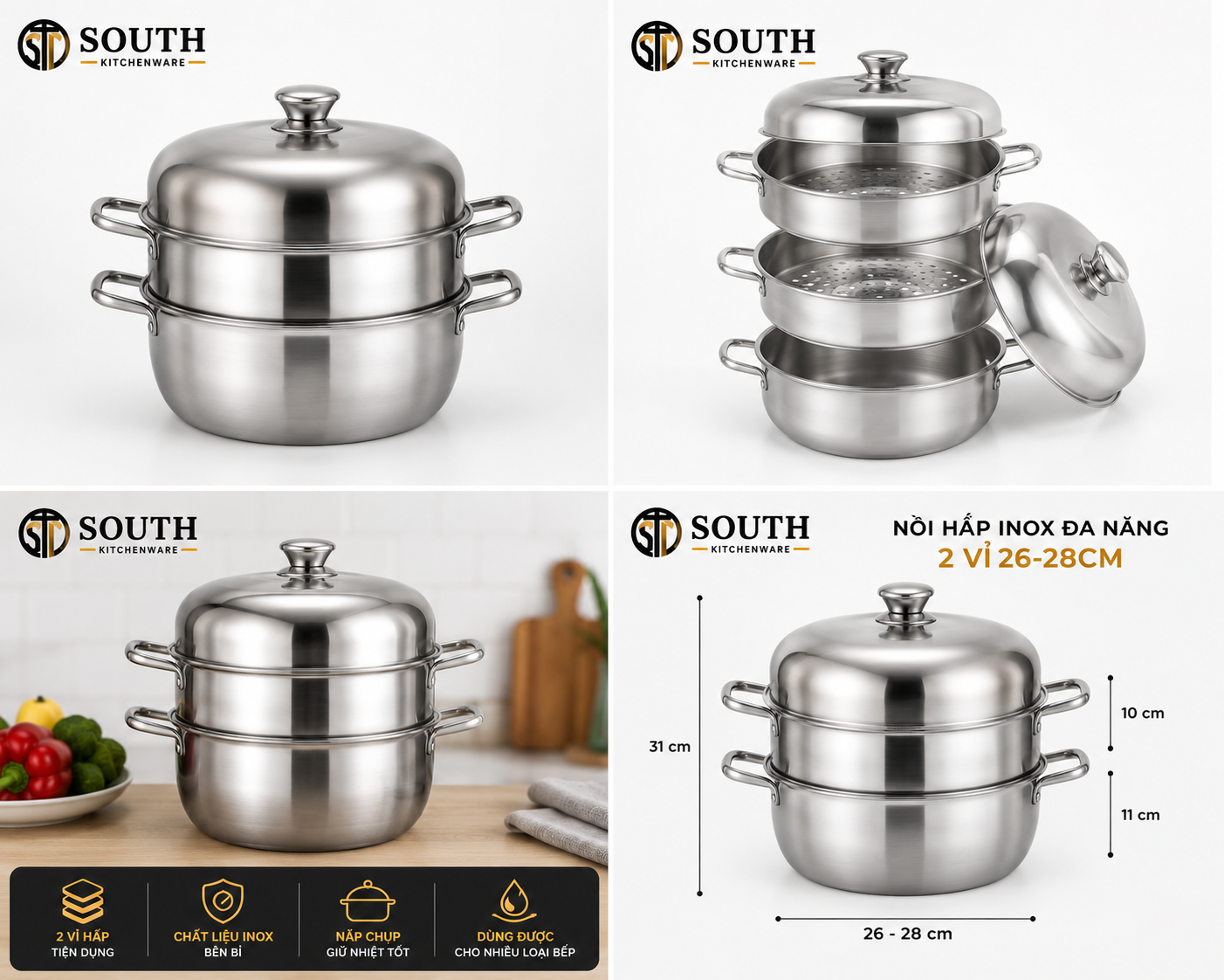  Nồi hấp inox đa năng 2 vỉ 26–28cm 