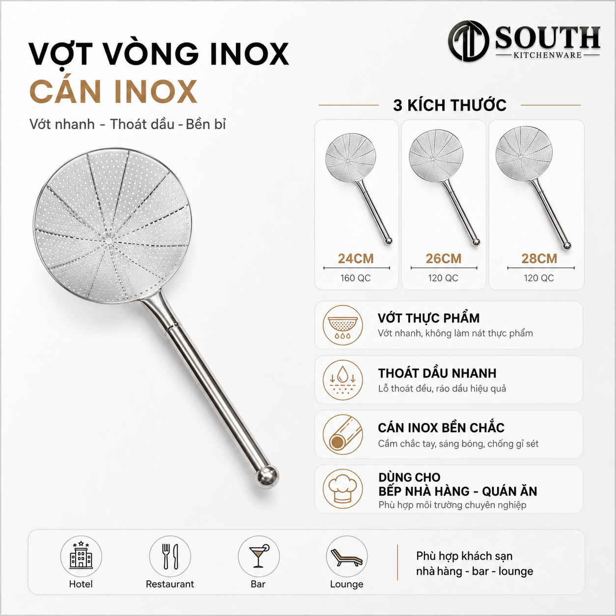  Vợt vòng inox cán inox 24–28cm 