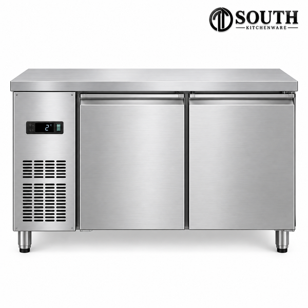 Bàn mát 2 cánh công nghiệp South Kitchenware góc chéo 3/4, thiết kế inox nguyên bản cho khu bếp nhà hàng và khách sạn