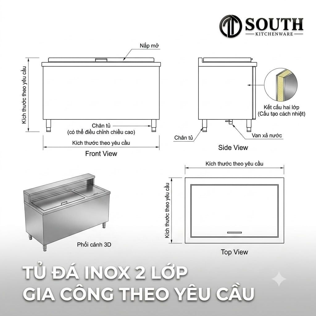  Tủ đá inox 2 lớp cho quầy bar khách sạn, nhà hàng, bar và lounge 