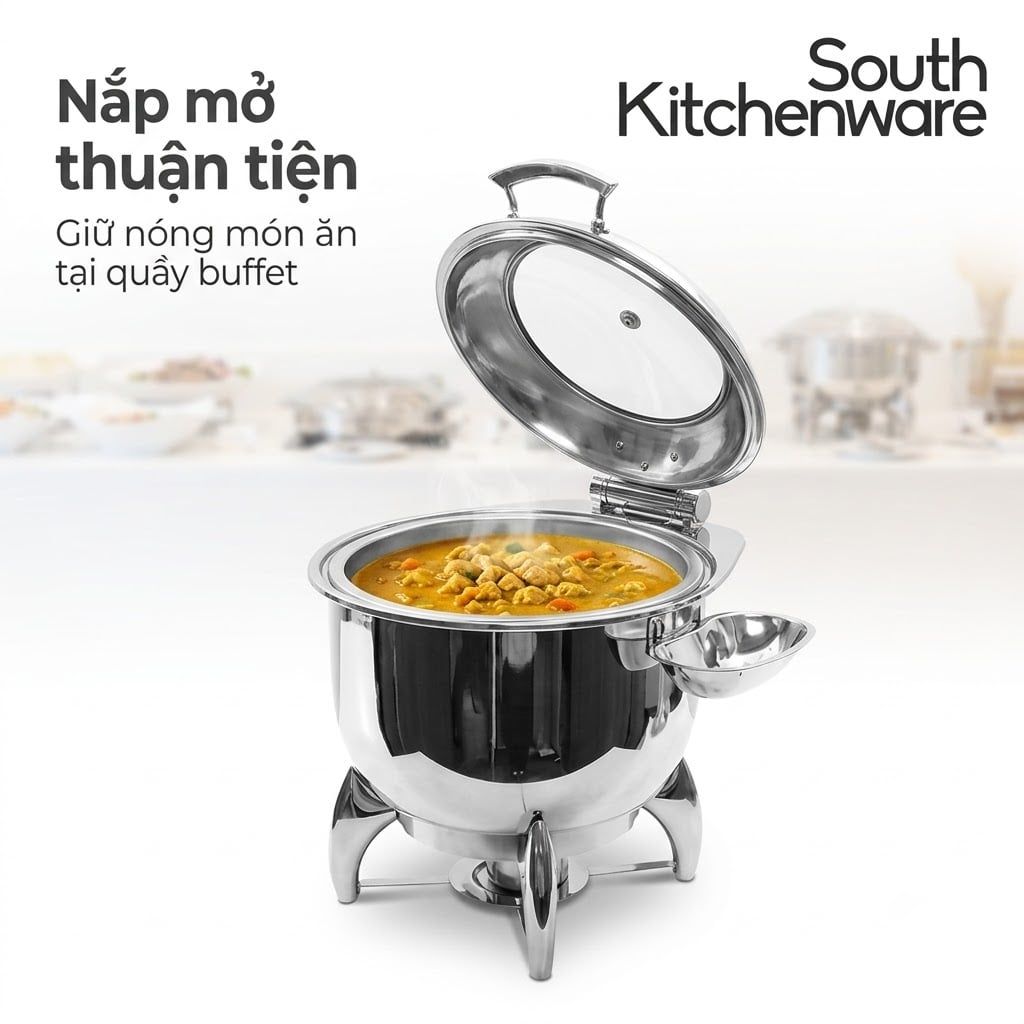  Nồi hâm buffet tròn Atosa AT52288 – Nắp inox có kính quan sát, dùng cồn 