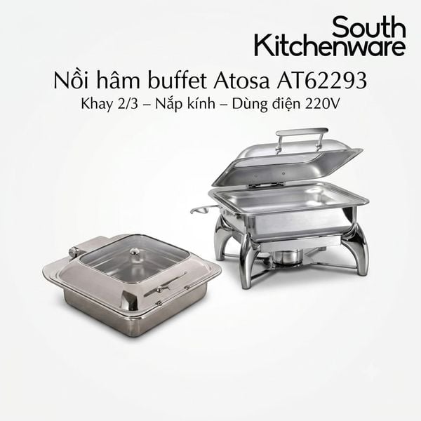 Nồi hâm buffet vuông Atosa AT62293 nắp kính khay 2/3
