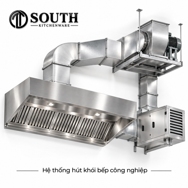 Hệ thống hút khói bếp nhà hàng South Kitchenware lắp đặt thực tế với chụp hút inox, đường ống và quạt hút công nghiệp