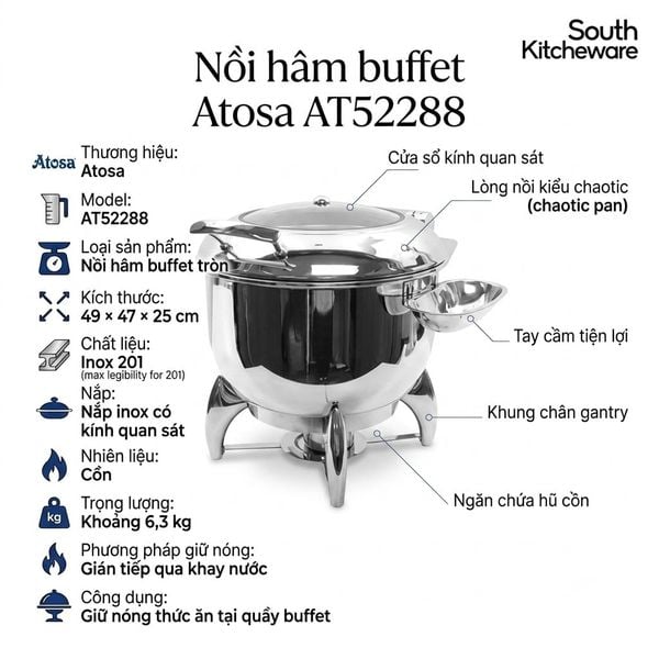 Nồi hâm buffet tròn Atosa AT52288 nắp inox có kính quan sát