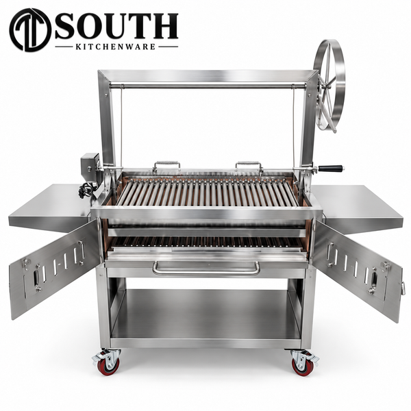 Bếp nướng than inox công nghiệp South Kitchenware dạng xe đẩy, chụp nền trắng.