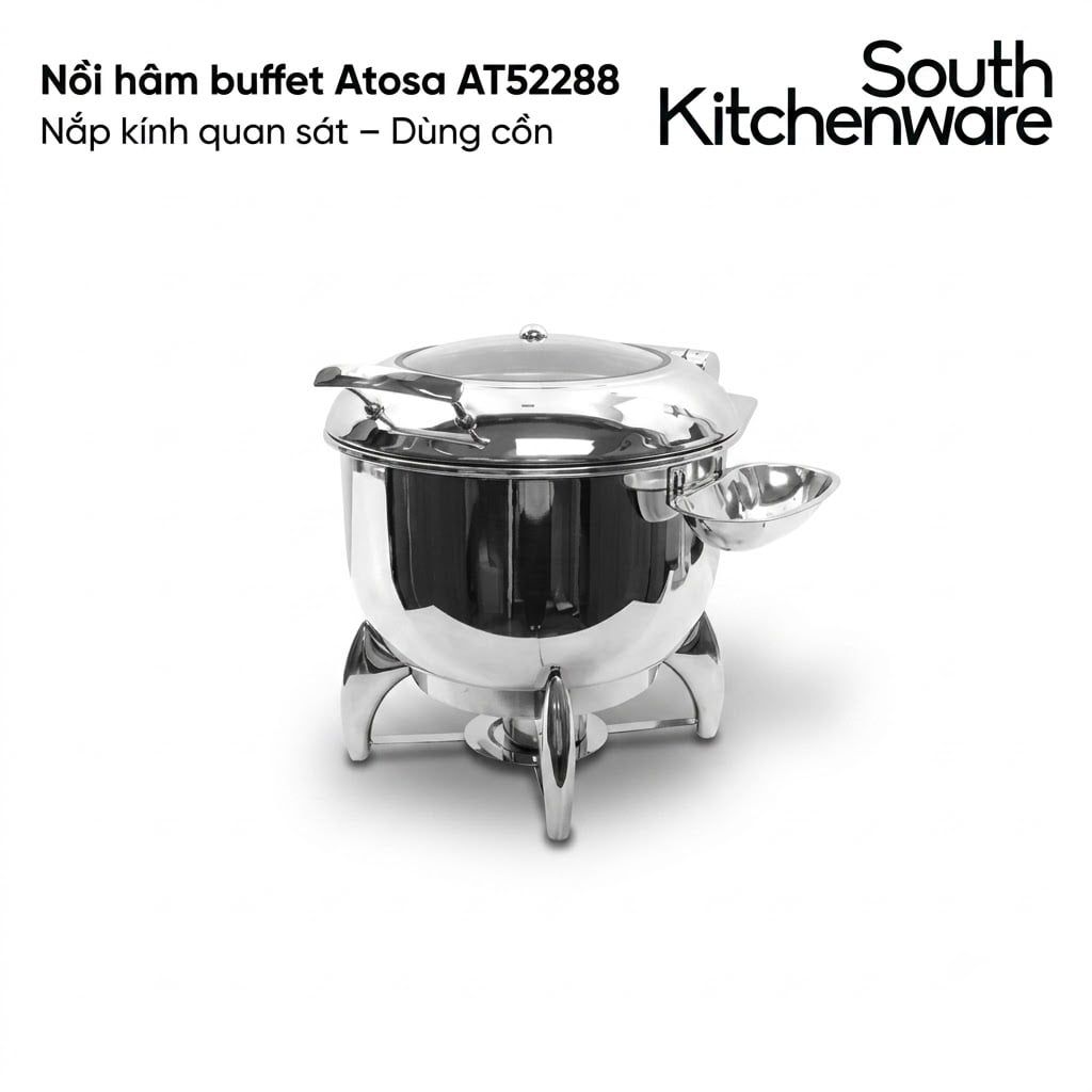 Nồi hâm buffet tròn Atosa AT52288 – Nắp inox có kính quan sát, dùng cồn 