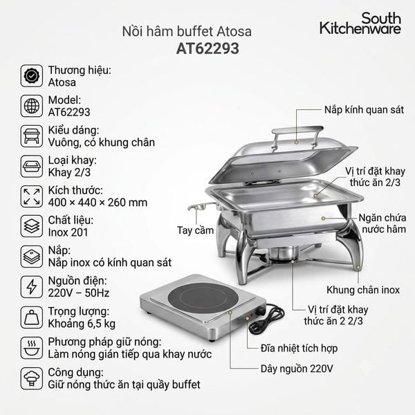 Nồi hâm buffet vuông Atosa AT62293 nắp kính khay 2/3