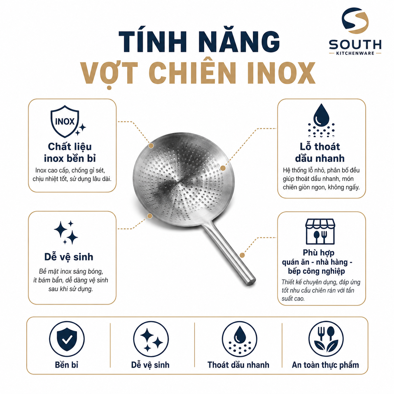  Vợt chiên inox cán dài cho bếp nhà hàng – 22 đến 30cm 