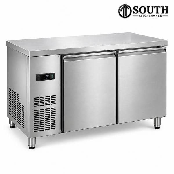 Bàn mát 2 cánh công nghiệp South Kitchenware góc chéo 3/4, thiết kế inox nguyên bản cho khu bếp nhà hàng và khách sạn