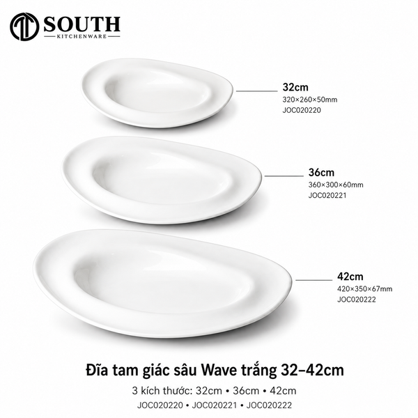 Đĩa tam giác sâu Wave trắng 32–42cm South Kitchenware
