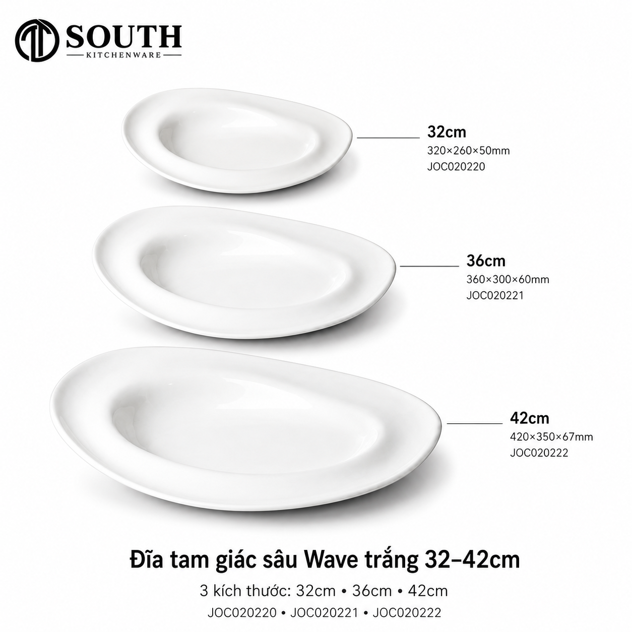  Đĩa tam giác sâu Wave trắng 32–42cm 