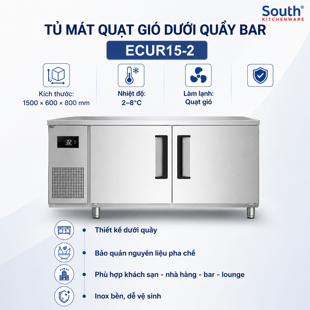  Tủ mát quạt gió dưới quầy bar 1,5 m ECUR15-2 cho khách sạn, nhà hàng, bar và lounge 