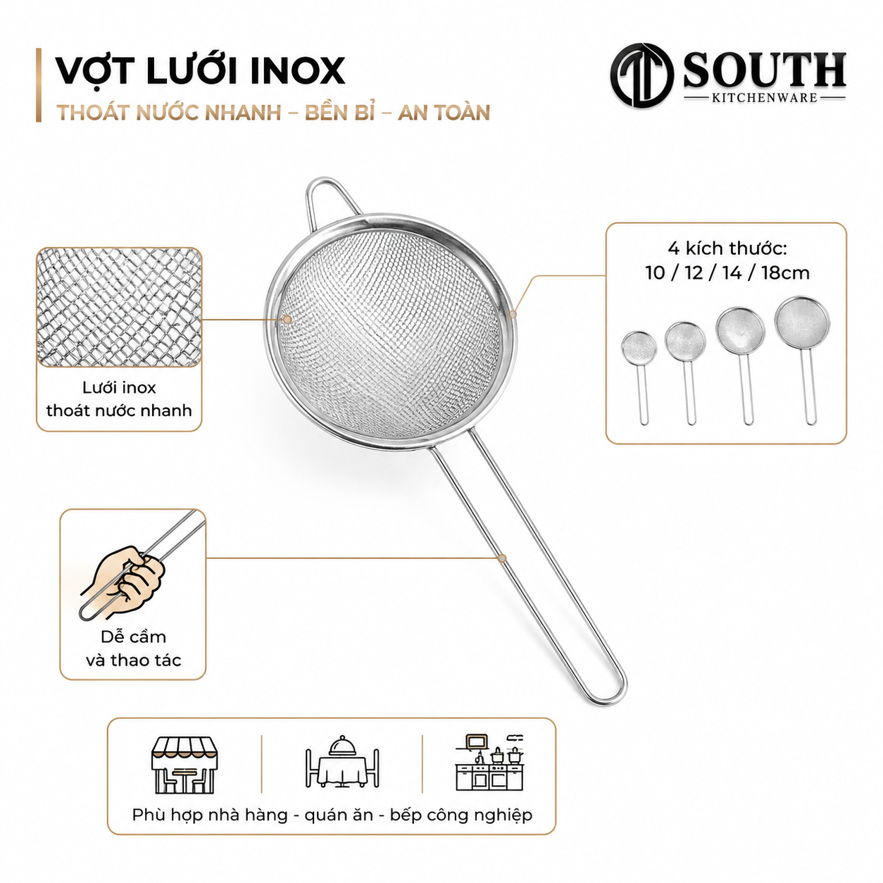  Vợt lưới inox tròn 1 quai 10–18cm 