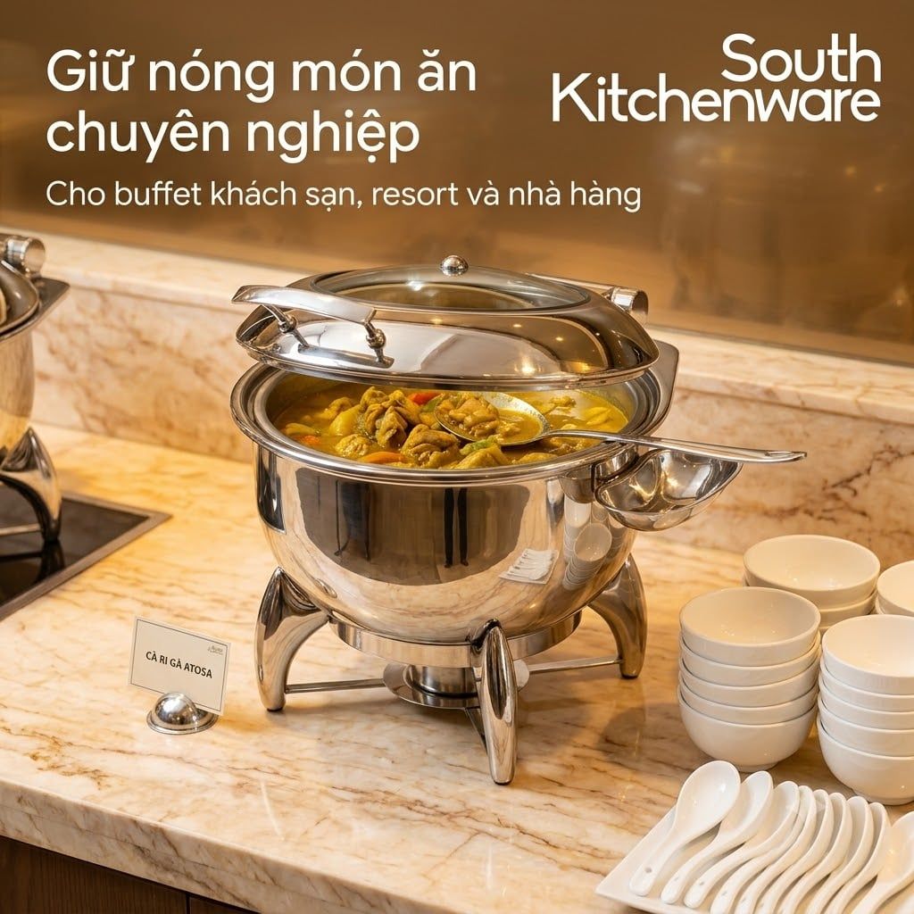  Nồi hâm buffet tròn Atosa AT52288 – Nắp inox có kính quan sát, dùng cồn 