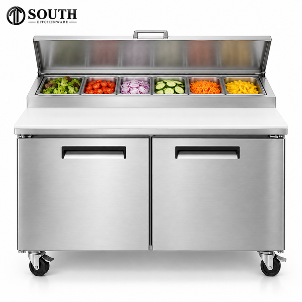 Bàn salad inox công nghiệp South Kitchenware trưng bày nguyên liệu tươi