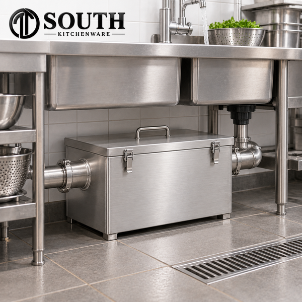 Bẫy mỡ inox công nghiệp South Kitchenware dạng hộp kín, thiết kế nắp khóa và đầu nối đường ống cho khu bếp nhà hàng