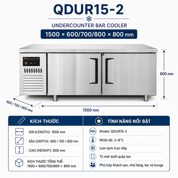 Tủ mát dưới quầy bar 1,5 m QDUR15-2 South Kitchenware