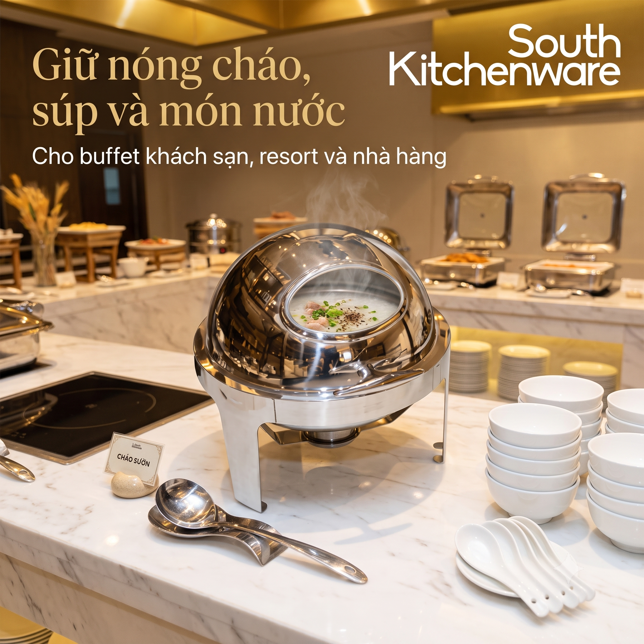  Nồi hâm buffet soup tròn Atosa AT51393 – Nắp inox có kính quan sát, dùng cồn 