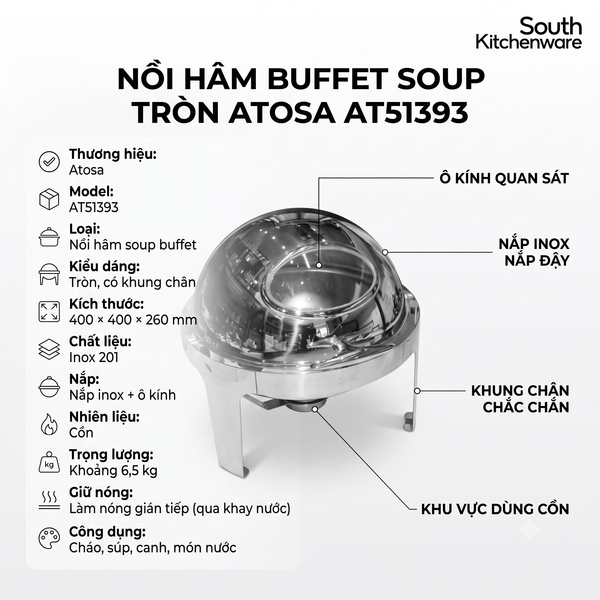 Nồi hâm buffet soup tròn nắp kính South Kitchenware