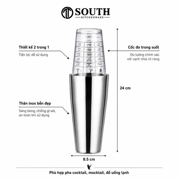  Bình lắc Boston inox kèm ly thủy tinh dùng pha chế 