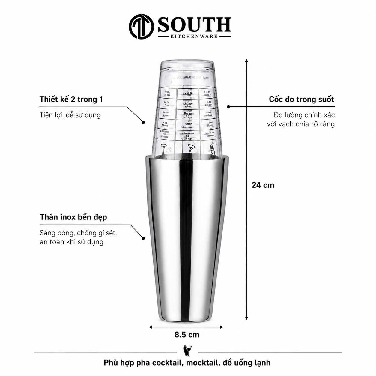  Bình lắc Boston inox kèm ly thủy tinh dùng pha chế 